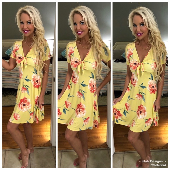 🛍LAST 1! Yellow Floral Front Knot Dress! - Picture 7 of 8